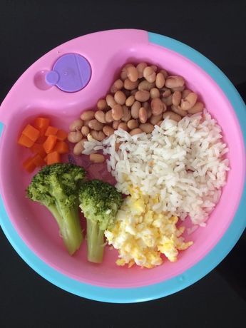 Imagem de uma papinha de bebê com arroz, feijão, ovo, brócoli e cenoura