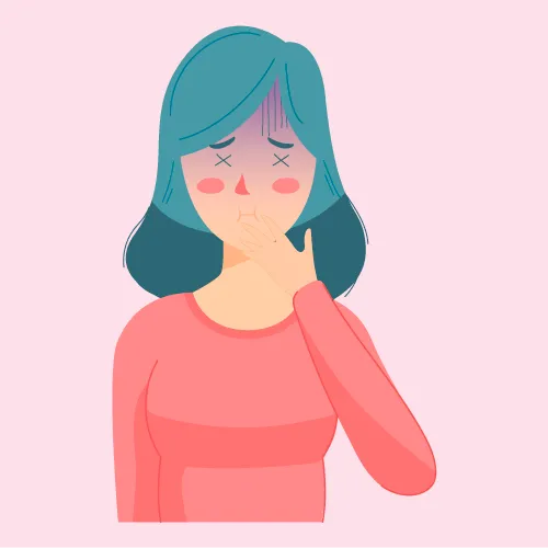 3. Náuseas e/ou vômitos ilustração de uma mulher com a mão na boca se sentindo enjoada
