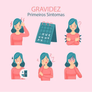 Ilustração de mulher demonstrando os primeiros sintomas da gravidez.