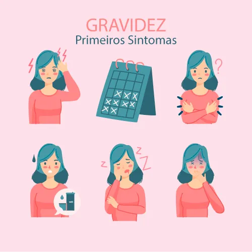 Ilustração de mulher demonstrando os primeiros sintomas da gravidez.